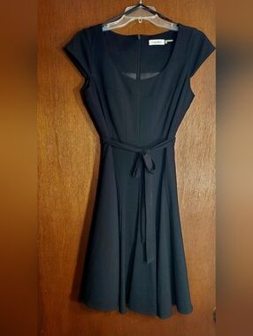 Calvin Klein Black Midi Fit-and-Flare Dress with Waist Tie
